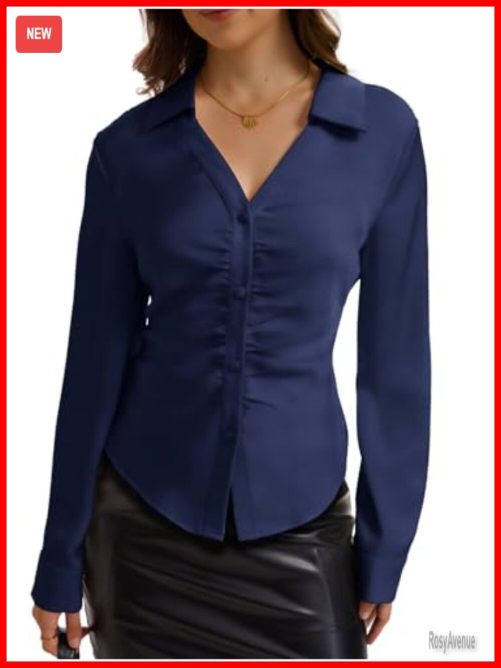 Satin Button Down Blouse V-Neck Long Sleeve Office Work Shirt